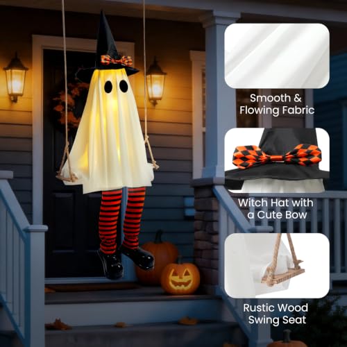 6 FT Outdoor Hanging Swinging Ghost Decor with LED Lights Halloween Yard Display