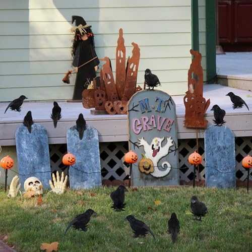 Halloween Black Feathered Crow Decorations Set of 12 - 6.1 Inch Realistic Birds with Bendable Wires