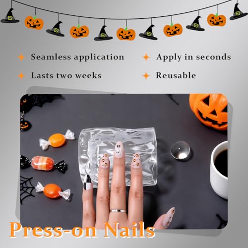 Halloween Short Almond Press On Nails with 3D Ghost & Pumpkin Design - 24Pcs, Reusable Kit