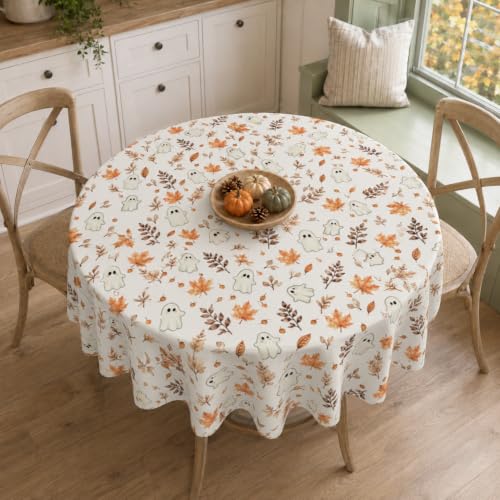 Fall Round Tablecloth 60 Inch Maple Leaves Ghost Autumn Table Cover Brown