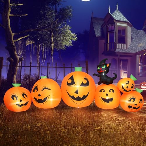 10FT Halloween Inflatable Pumpkin Patch with Black Cat & Built-in LED Lights - Outdoor Yard Decor