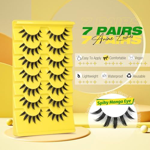 Manga False Eyelashes - Natural Spiky 3D Cat Eye Lashes for Cosplay & Anime Style - 7 Pairs - Clear Band