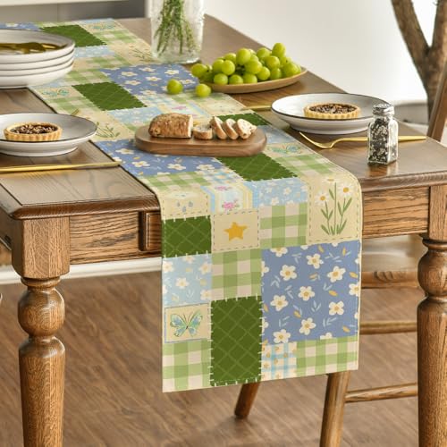 Green Patchwork Buffalo Plaid Floral Table Runner 13x120 Inch Spring Home Decor