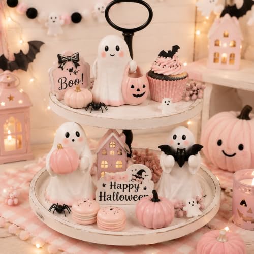 Pink Halloween Ghost Decor Set - 3 Mini Resin Figurines with Pumpkin Bat and Candy Bowl