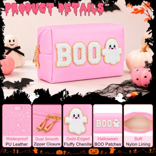 Halloween Makeup Bag Set - Black & Pink Cosmetic Pouches with Chenille BOO & Ghost Patches