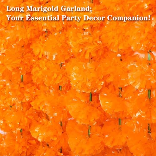 Light Orange Marigold Garland Set - 15 Strands, 5 Feet Long for Weddings Diwali & Festivals - Artificial Floral Decor