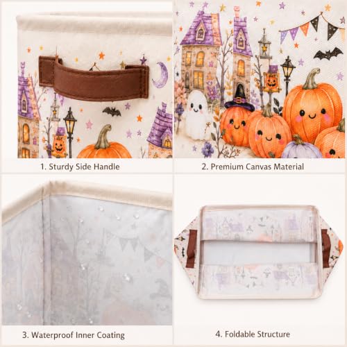 Beige Halloween Foldable Canvas Storage Baskets with Handles - Set of 3