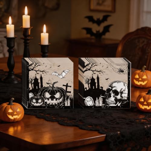 Gothic Halloween Paper Napkins - Disposable Skull Pumpkin Graveyard Design - 20 Pack - Napkin Variation