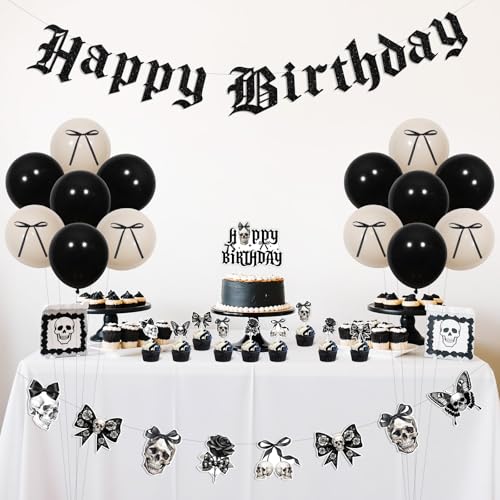 Gothic Birthday Decorations Set with Banner Balloons Cake Toppers Skull Skeleton
