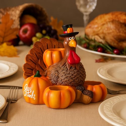 Thanksgiving Turkey Candle Holder with Pumpkin Compartments - Fall Table Decor