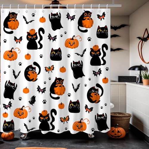 Halloween Shower Curtain Black Cat Pumpkin Ghost Waterproof Fabric 72x72 Inch