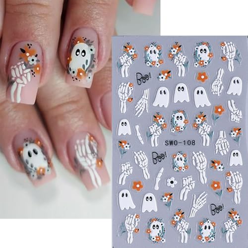 Halloween Nail Art Stickers 4 Sheets Ghost & Cat Embossed 5D Decals - White Black 10