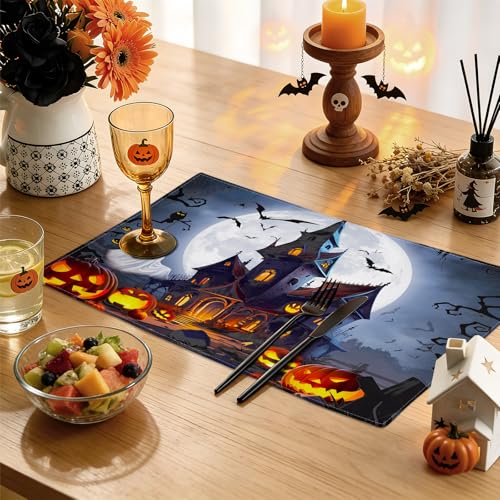 Halloween Haunted House Placemats Set of 4 - 12x18 Inch Washable Linen Table Mats with Full Moon Castle Design - Variation 0135-Moon Castle