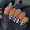 Short Press-On Nails Black and White Checkerboard Style19 - Fake Acrylic Square False Nails for Women Girls
