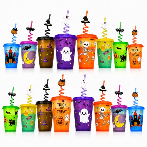 16 Pack Halloween Color Changing Kids Cups with Lids & Straws - 16oz Reusable Party Tumblers
