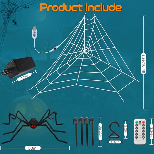 Halloween Spider Web Lights with 50-Inch Plush Spider & Stretch Cobweb - Remote Control, 8 Modes, Waterproof Yard Decor