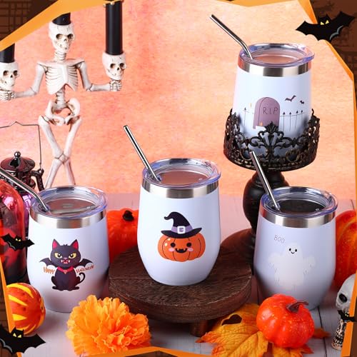 Halloween Stainless Steel Wine Tumbler Set - 4 Pack Insulated 12oz with Lids & Straws