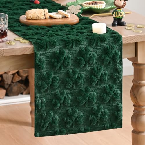 Green Plush Faux Fur Lucky Clover Table Runner - 13x36 Inch Seasonal Decor