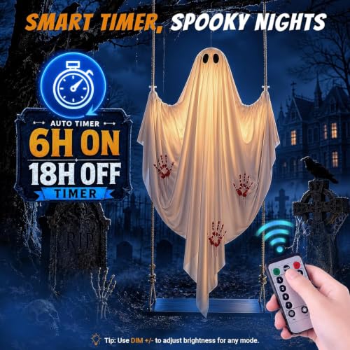 5FT Outdoor Hanging Ghost Swing with LED Lights, Adjustable & Timer