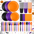 Halloween Paper Plate and Napkin Set for Party, 60 Guests, Black Orange Purple