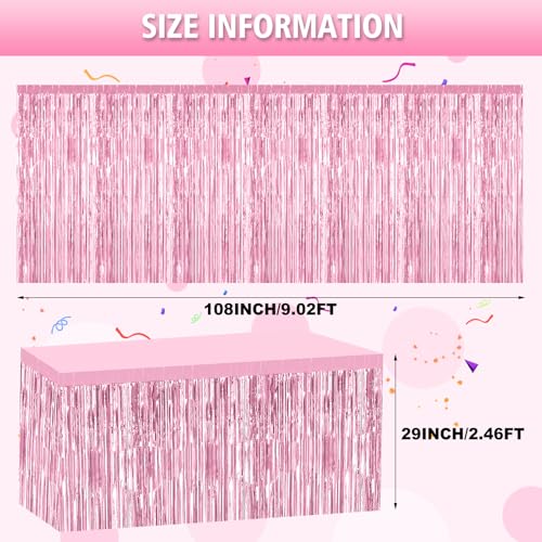 Pink Foil Tinsel Fringe Table Skirt - 6 Pack, 29.5x108 Inches, Disposable for Parties
