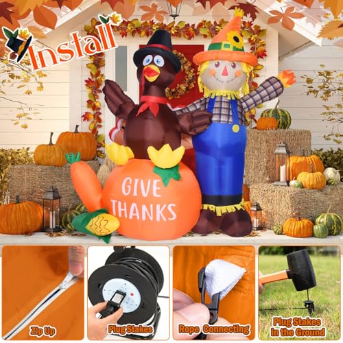 6 Ft Outdoor Thanksgiving Inflatable Turkey and Scarecrow Decor