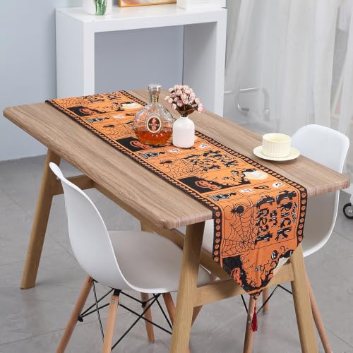 Halloween Table Runner 13 x 72 Inch with Ghost, Pumpkin & Web Design