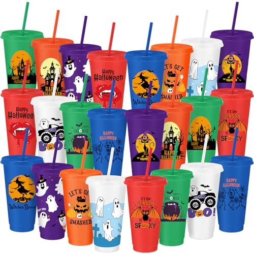 Halloween Plastic Cups with Lids & Straws - 24 Oz, Stylish Design, 24 Pack