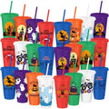 Halloween Plastic Cups with Lids & Straws - 24 Oz, Stylish Design, 24 Pack