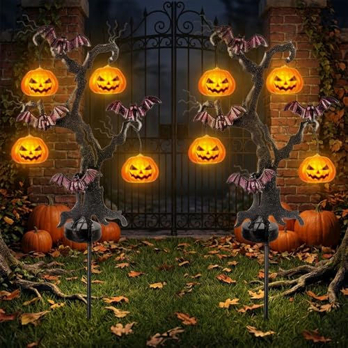 Halloween Solar Stake Lights - 2-Pack 3D Pumpkin & Iron Bat Outdoor Garden Decor - Yellow Variation