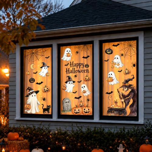 Halloween Window Clings Decorations - Ghost Pumpkin Variation, Reusable PVC Stickers