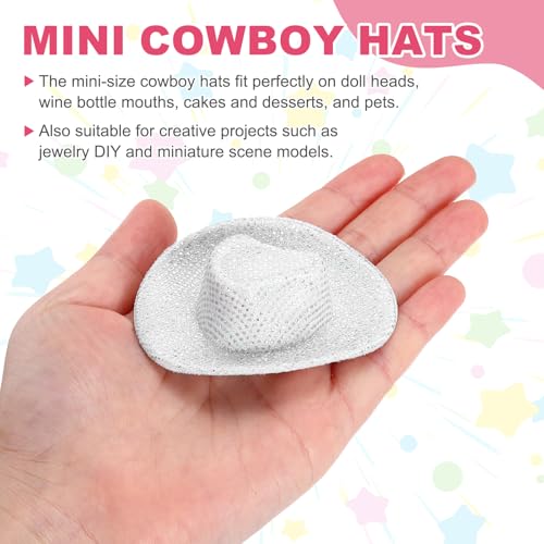 Mini Cowboy Hats Set - 12 White Glitter Dot Western Accessories, 2.6x2.2 Inch