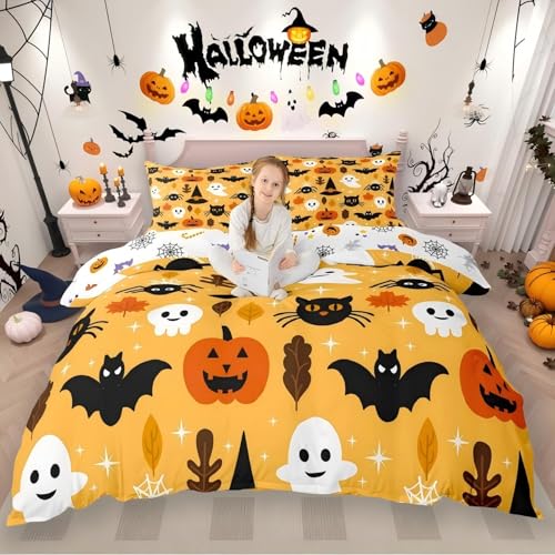 Halloween Cartoon Pumpkin Lantern Bedding Set - Full Size Orange Duvet Cover & Pillowcases, 3 Pieces, Kids Bedroom Decor, Variation 25