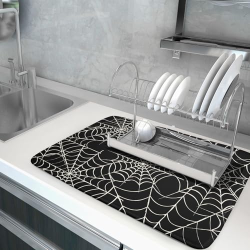 Halloween Dish Drying Mat 18x24 Inch Spider Web Black Kitchen Counter Protector Reversible Absorbent Microfiber