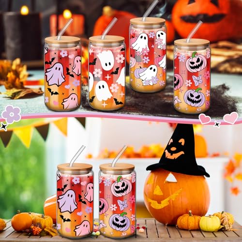 Halloween Pink Glass Cups with Lids & Straws - 4 Pack, 16 oz