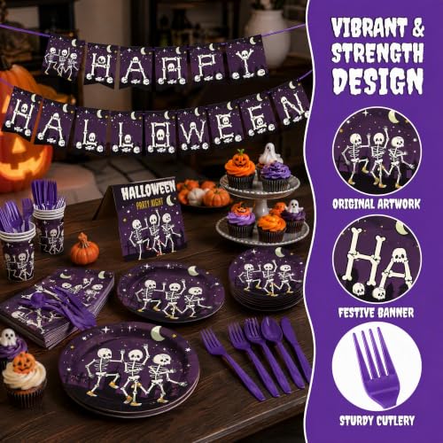 Halloween Disposable Tableware Set for Parties - Plates Napkins Cutlery Banner, Serves 10