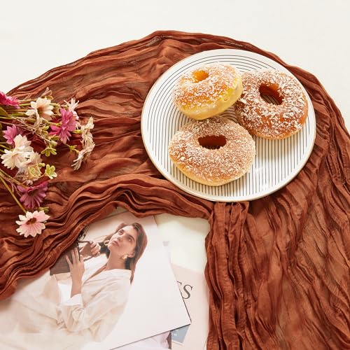 Boho Style Cheesecloth Table Runner with Pink Silk Roses for Wedding & Party Decor