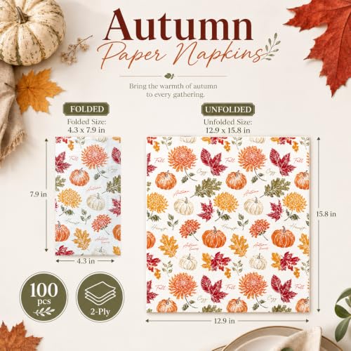 Fall Paper Napkins - 100-Pack Maple Leaf Autumn Disposable Party Napkins