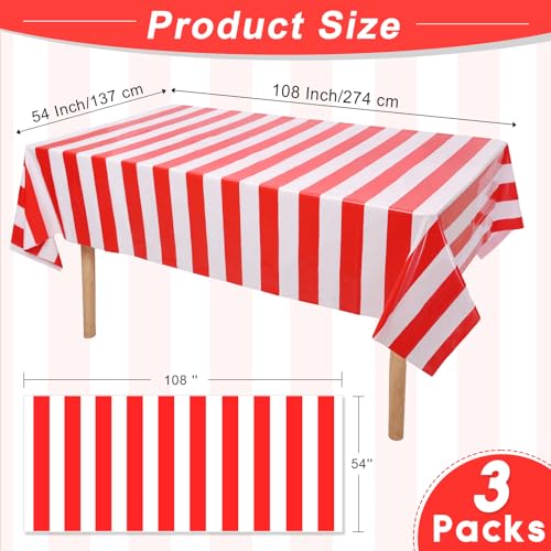 Red and White Striped Plastic Tablecloth 54x108 Inch - 3 Pack, Waterproof & Disposable - Horizontal Red Stripe