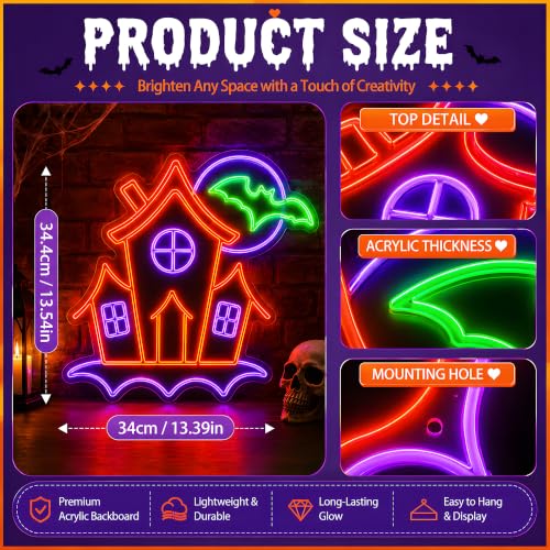 Halloween Neon Sign - Haunted House with Bats LED Wall Light, Dimmable USB Decor