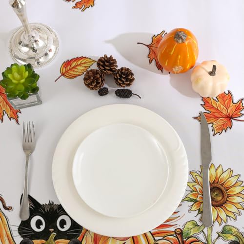 Rectangular Fall Pumpkins Tablecloth 60x84 Inch - Fade-Resistant, Spill-Resistant, Black Cat Variation