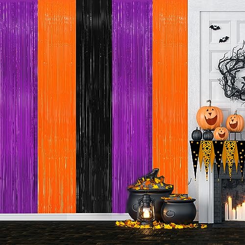 Halloween Foil Fringe Curtain Set - Black, Orange & Purple Metallic Tinsel Streamers for Party Decor