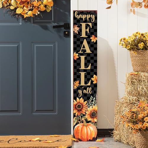 Happy Fall Y'all Porch Sign Black Checkered Sunflower Pumpkin - Indoor Outdoor Farmhouse Decor