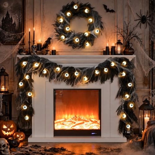 Black Halloween Garland with Eyeball String Lights - 9FT Spider Decoration