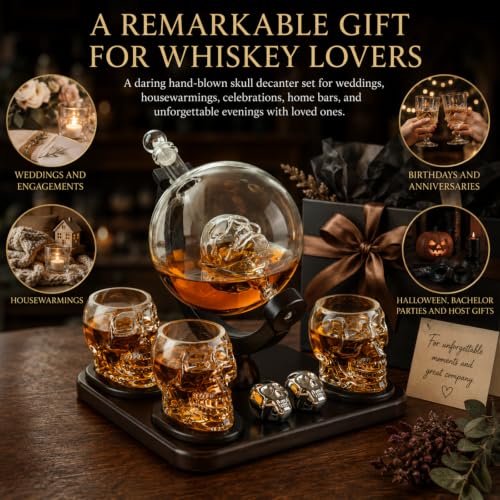 Skull Skeleton Whiskey Decanter Set with 4 Shot Glasses & Chillers - Gothic Barware Gift