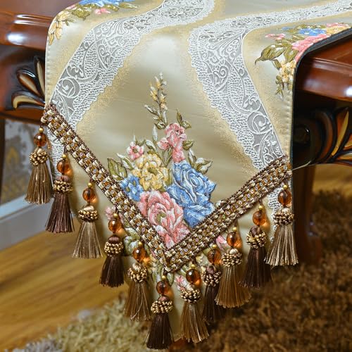 Luxury Velvet Table Runner 120 Inches Long with Damask Jacquard Design - Beige, X-Variation