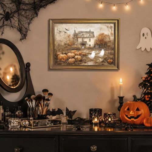 Haunted Halloween Ghosts and Pumpkin Farmhouse Canvas Wall Art - 8x10 Inch Style-4