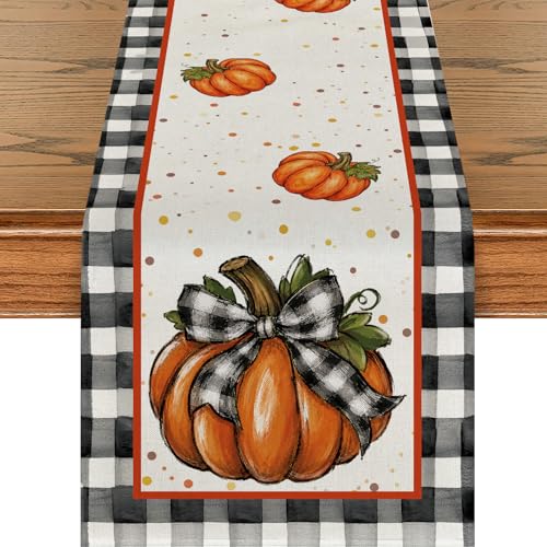 Fall Table Runner for Thanksgiving Decor 13x72 Inch Pumpkin Buffalo Plaid