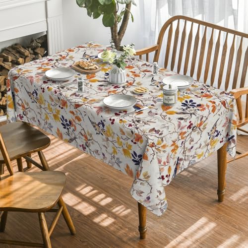 Fall Tablecloth 60 x 84 Inch Rectangular Bird Autumn Harvest Beige