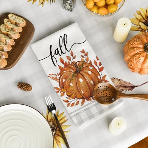 Orange Pumpkin Leaves Fall Kitchen Towels Set of 2 - 18x26 Inch, Absorbent & Soft